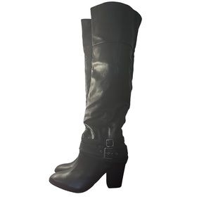 Black Thigh High Boots, Women’s Size 9, Round Toe, Buckles & Straps